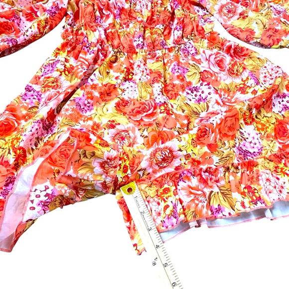 boohoo Romper Womens Size 10 Orange Yellow Ruffled Romantic Ruched Floral Whimsy - Picture 6 of 8